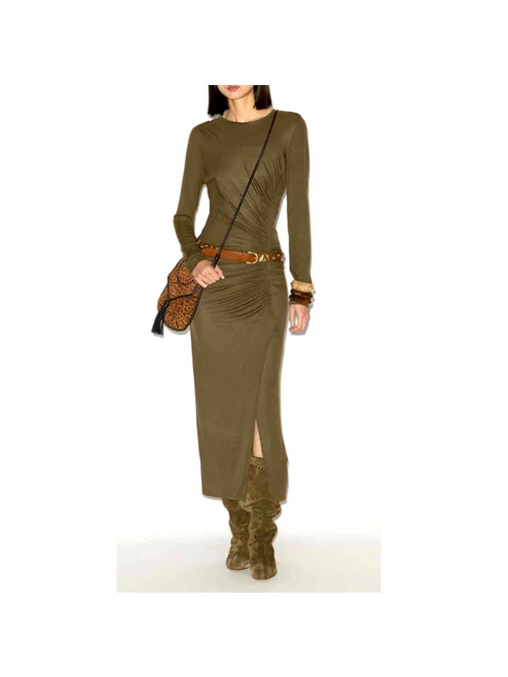 Marant Etoile Women's Khaki Long Draped Jersey Jelina Dress Size 40 | US 10